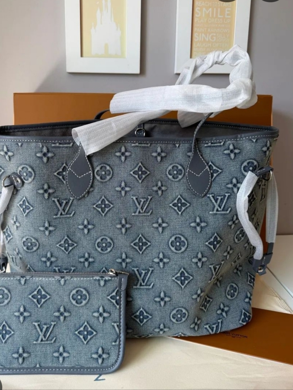 Cotton Denim Deluxe Embross Monogram Travel Everywear Tote Bag - Picture 13 of 16